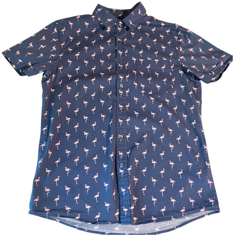 Apt 9 Men’s Small Shirt Slim Fit Premier Flex Short Sleeve Navy with Flamingos - Picture 2 of 11